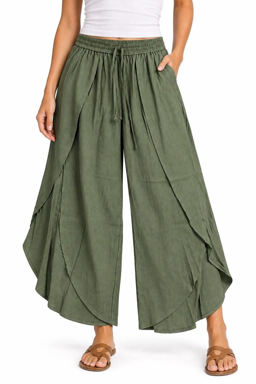 NWT Lintico Linen Layered Slit Wide Leg Green Pants Size Medium New